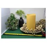 Large Candle, Faux Plants, and Berries