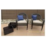 Two Plastic Wicker Chairs with Cushions and