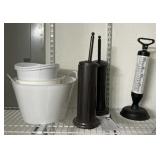 Plunger, Toilet Bowl Cleaner and Trash Bins
