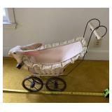 Vintage Wicker Doll Carriage with Carved Rabbit