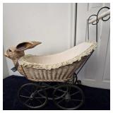Antique Wicker Doll Carriage with Carved Rabbit