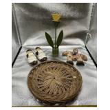 Wicker Basket Tray, Ceramic Shoe Candles, Wood