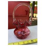 Fenton Cranberry Glass Basket with a Ruffled Edge