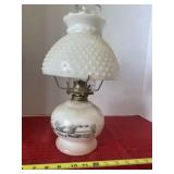 Currier & Ives White Milk Glass Hobnail Oil Lamp