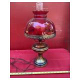 Ruby  Red glass Hurricane Lamp with Brass Base