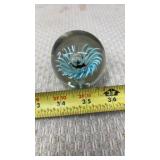 Blown Glass Flower and Bubble Paperweight Blue