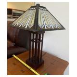Geometric Stained Glass Shade Lamp with Dark Wood
