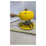 Vintage Mid Century Modern Enamel Fondue Pot Wood
