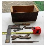 Wood Crate with Vtg hand tools, including