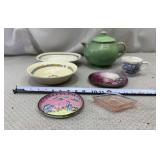 Ceramic Dishes, including a green teapot, a blue