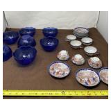 Japan 4 Inch Plates and Tea Cups with Cobalt Blue