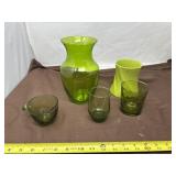 Green Glass Vases and Cups