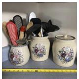 Floral Pattern Canisters with Kitchen Utensils