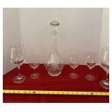 Wine Glasses and Crystal Decanter with Etched