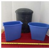 Three Trash Cans One with Lid