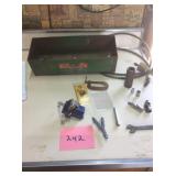 TOOL BOX, SMALL VISE, SOCKETS, MORE