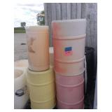 8) PLASTIC BARRELS, ALL EMPTY