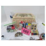 Vtg Wicker Sewing Basket And Access