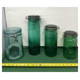 Green and Blue Glass Canisters with Lids