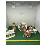 Ceramic Building Figurines and Christmas Plate
