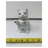 Porcelain Cat Tea Pot Hand Painted Red Floral