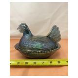 Blue Carnival Iridescent Indiana Glass Hen on a