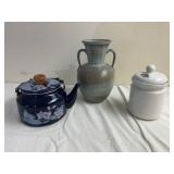 Tin Tea Pot, White Cookie Jar and Flower Pot