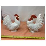 Japanese White Ceramic Rooster and Hen Figurines