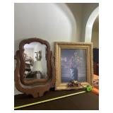 Wood Hanging Mirror and Framed Floral Picture