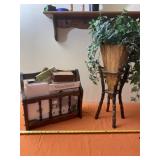 Wood Plant Stand, Artificial Plants and Magazine