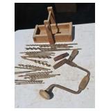 Antique Hand Crank Brace Drill and Wood Tray