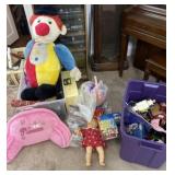 Two Totes without Lids, Clown, Back Pillow and
