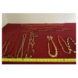 Wood, Red Beaded and Orange Beaded Necklaces with