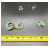 Shamrock Clover Pin, Green Earrings and Silver