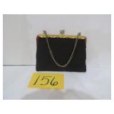 Vtg Black Satin Evening Bag Gold And Turquois