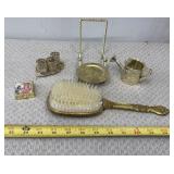 Vtg Gold Tones Hairbrush, Pill/Trinket Box and