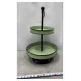 2-Tier sage green enamel serving tray with a black