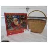 Vtg Basket, Sealed Christmas Puzzle