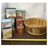 Shallow Peck Basket and Empty Tins with Lids