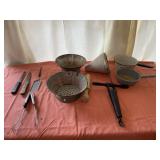 Enamel Ware Pans, Strainers, Bung Hike Auger