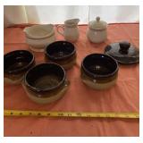 Stoneware Bowls, One Lid, Creamer and Sugar