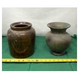 Brown Glazed Stoneware Crock and Ceramic Vase