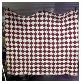Homemade Maroon And White Fan Pattern Quilt