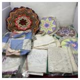 Crochet Pillow, Embroidery Hoops and Fabric