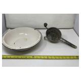 White Enamel Metal Wash Basin and Foley Food Mill