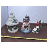 Wooden Bird House, Light House, and Cardinal