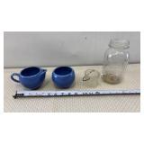 Blue Ceramic Cream and Sugar, Mason Jar, Glass