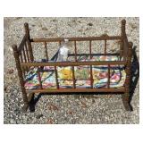 Vtg Wooden Doll Cradle Handmade Doll Quilts