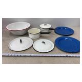 Vtg Enamelware-Speckled Blue Plates, Pits, Lids