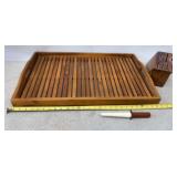 Vtg Bamboo Tray & Knife Block and Sharpener
